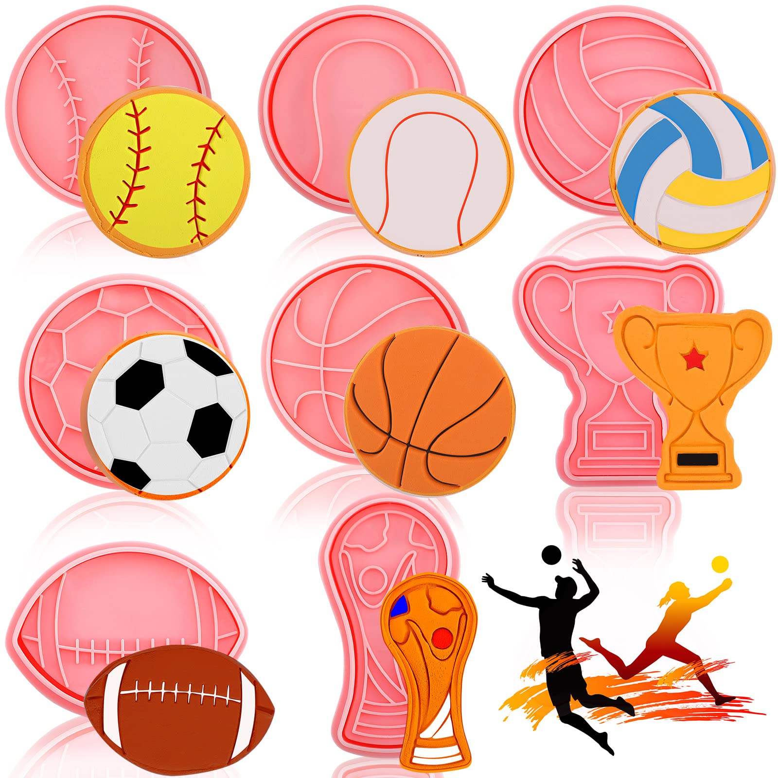 8 Pieces Sport Ball and Birthday Cookie Stamps with Plunger Cutters Set 3D Football Volleyball Soccer Basketball Cake Flower Shape Biscuit Cutter Cookie Stamps for DIY Cookie Supplies (Ball Style)