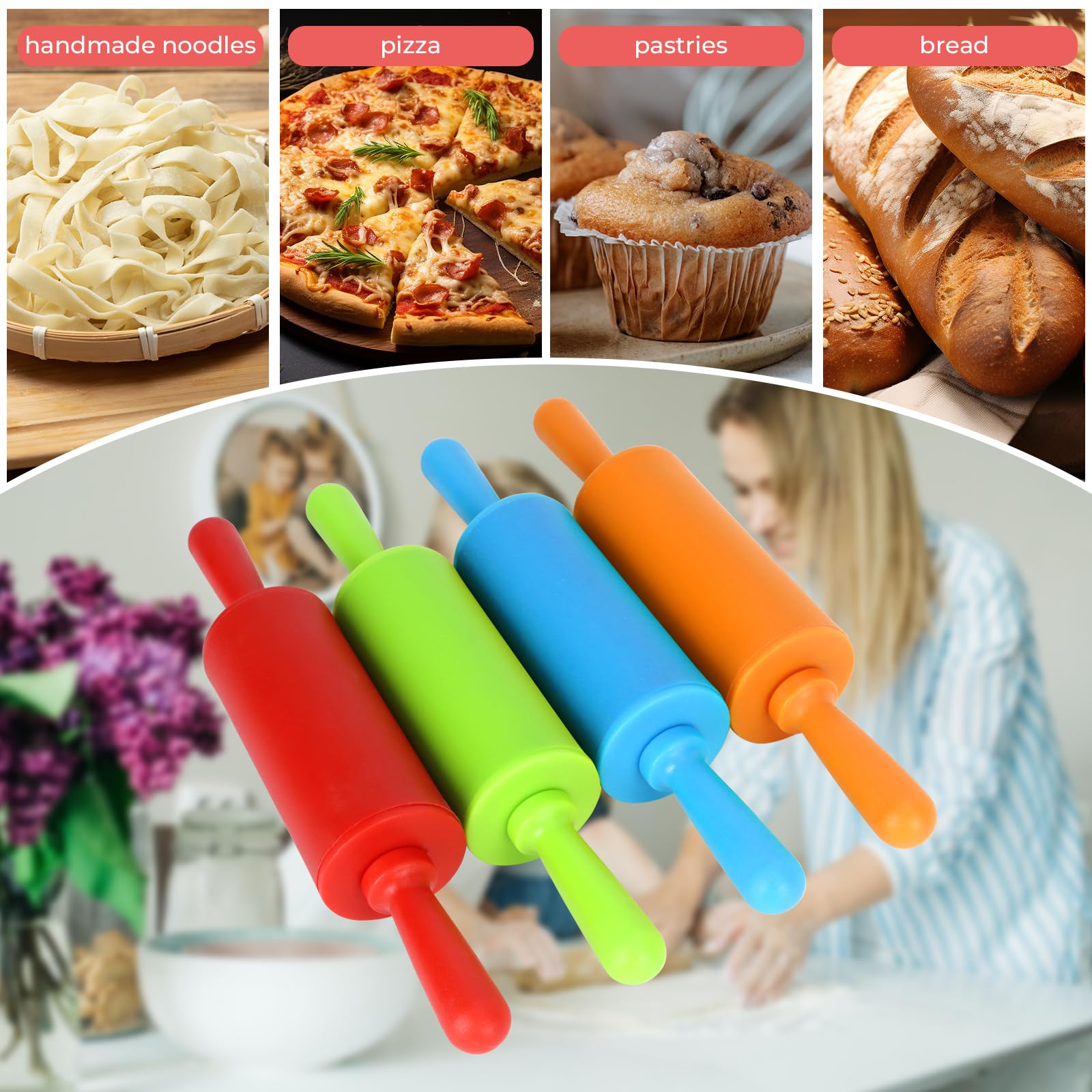 Faxco 4 Pack Mini Rolling Pin for Kids, 9 Inch Plastic Handle Rolling Pin Non-Stick Silicone Rolling Pins for Children Cake Baking