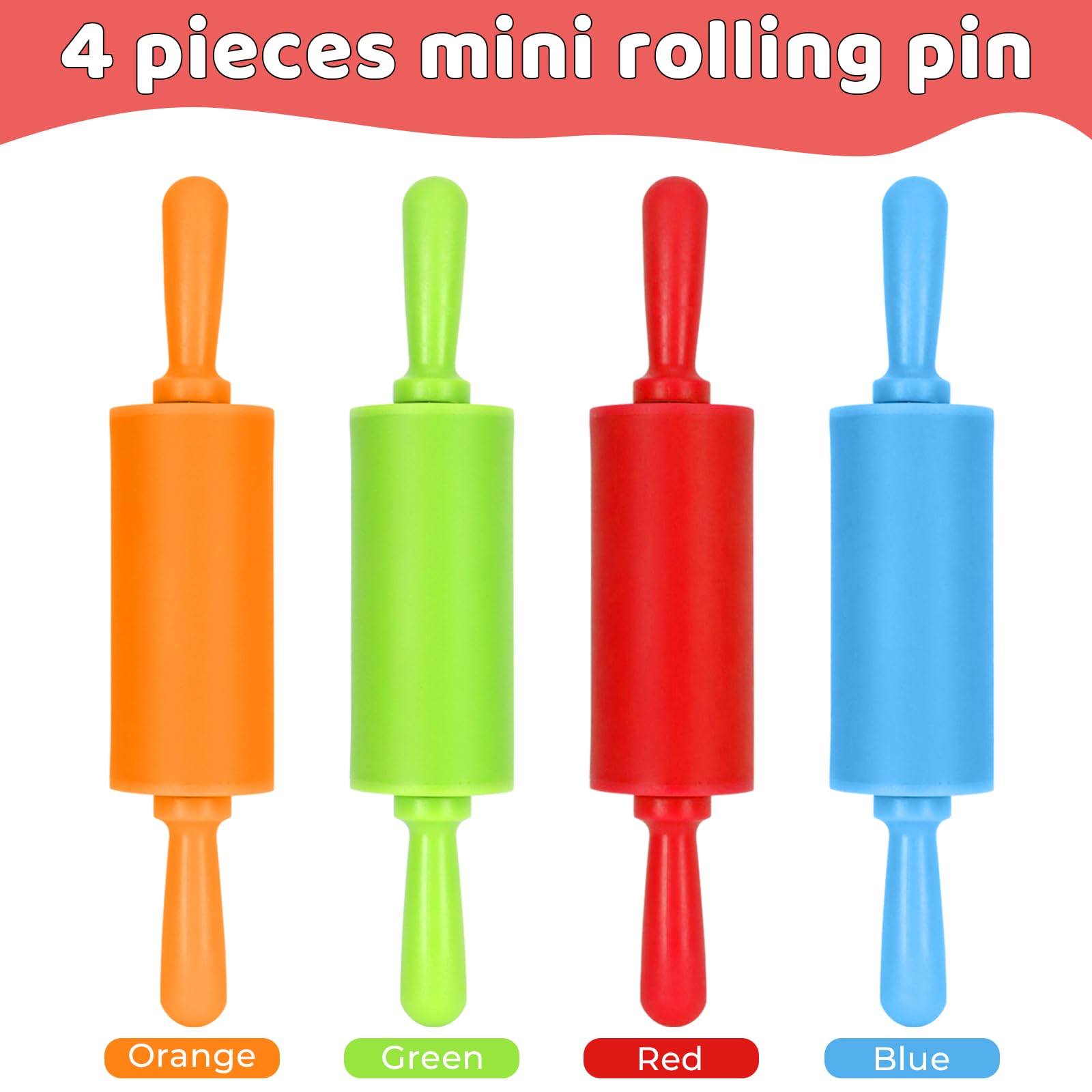 Faxco 4 Pack Mini Rolling Pin for Kids, 9 Inch Plastic Handle Rolling Pin Non-Stick Silicone Rolling Pins for Children Cake Baking