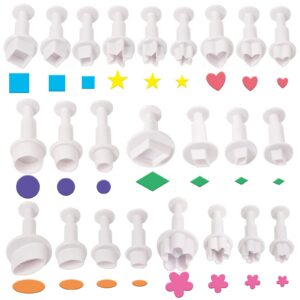 wexpw 24 pcs cookie cutters, fondant cake cookie plunger cutter, mini plastic biscuit plunger fondant decorating mold, heart/square/oval/circular/star/diamond/flower