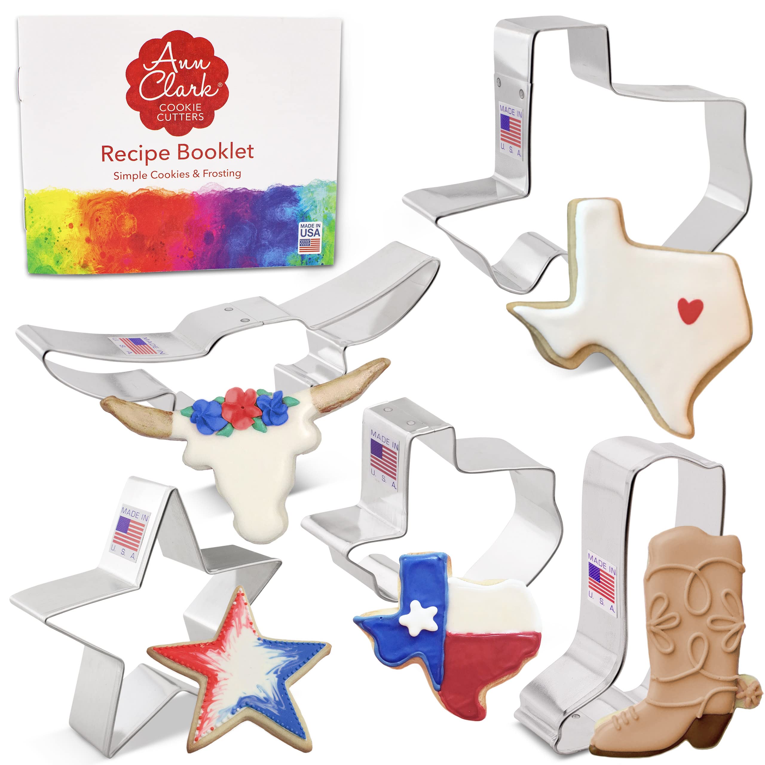 Texas Cookie Cutters 5-Pc. Set Made in USA by Ann Clark, Texas 3" & 4.4", Long Horn, Star, Cowboy Boot