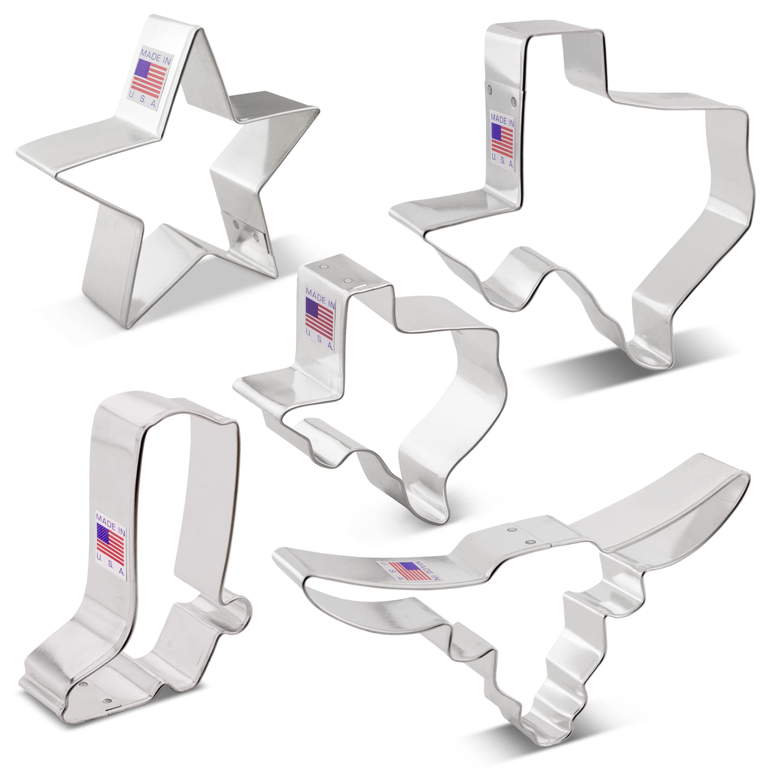 Texas Cookie Cutters 5-Pc. Set Made in USA by Ann Clark, Texas 3" & 4.4", Long Horn, Star, Cowboy Boot