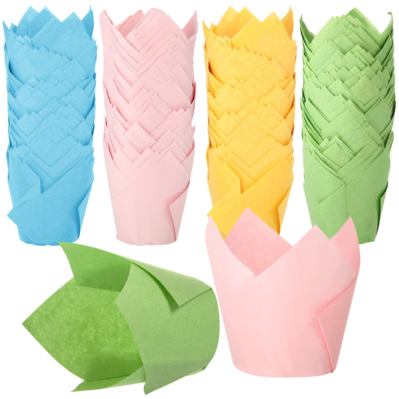 400 Pcs Tulip Cupcake Liners Baking Cups Tulip Muffin Liners Wrappers Greaseproof Tulip Baking Cups Holders for Christmas Wedding Birthday Baby Shower Party Supplies (Green Yellow Blue Pink)