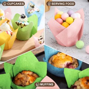 400 Pcs Tulip Cupcake Liners Baking Cups Tulip Muffin Liners Wrappers Greaseproof Tulip Baking Cups Holders for Christmas Wedding Birthday Baby Shower Party Supplies (Green Yellow Blue Pink)