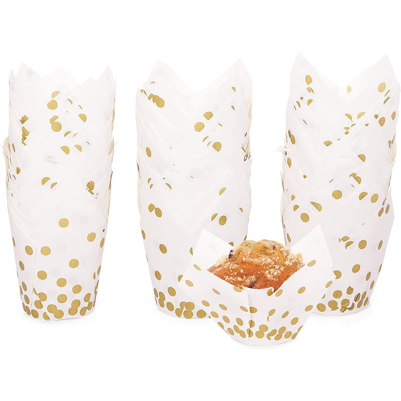 150 Pack Gold Polka Dot Muffin and Tulip Cupcake Liners for Baking and Decor (White, 3.35 x 3.5 Inches)