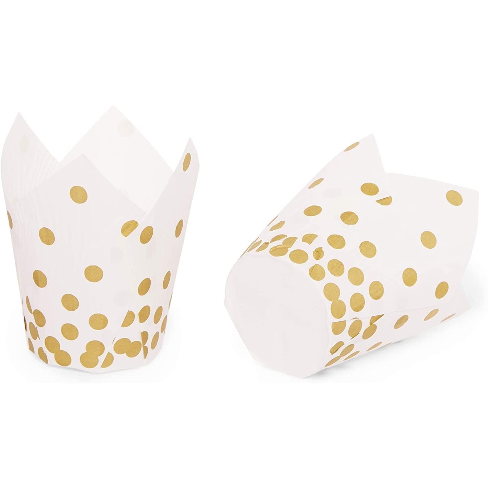 150 Pack Gold Polka Dot Muffin and Tulip Cupcake Liners for Baking and Decor (White, 3.35 x 3.5 Inches)