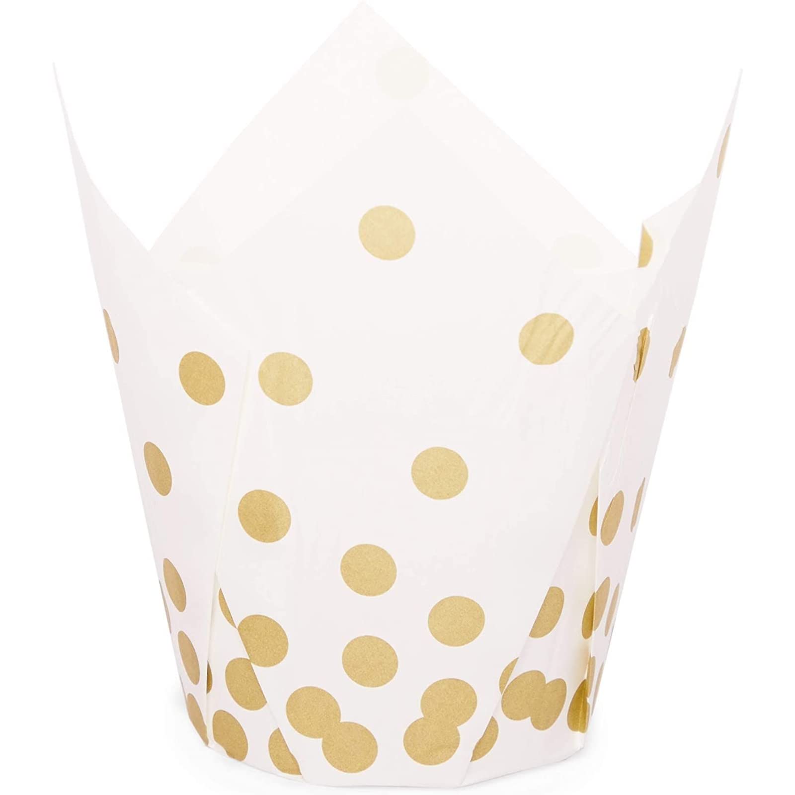 150 Pack Gold Polka Dot Muffin and Tulip Cupcake Liners for Baking and Decor (White, 3.35 x 3.5 Inches)