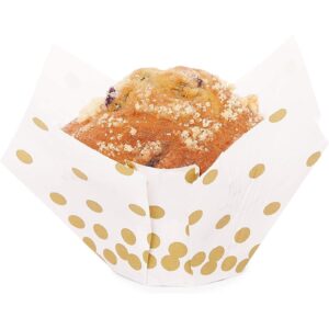 150 Pack Gold Polka Dot Muffin and Tulip Cupcake Liners for Baking and Decor (White, 3.35 x 3.5 Inches)