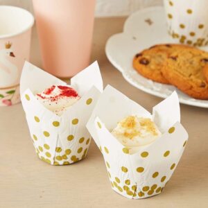 150 Pack Gold Polka Dot Muffin and Tulip Cupcake Liners for Baking and Decor (White, 3.35 x 3.5 Inches)