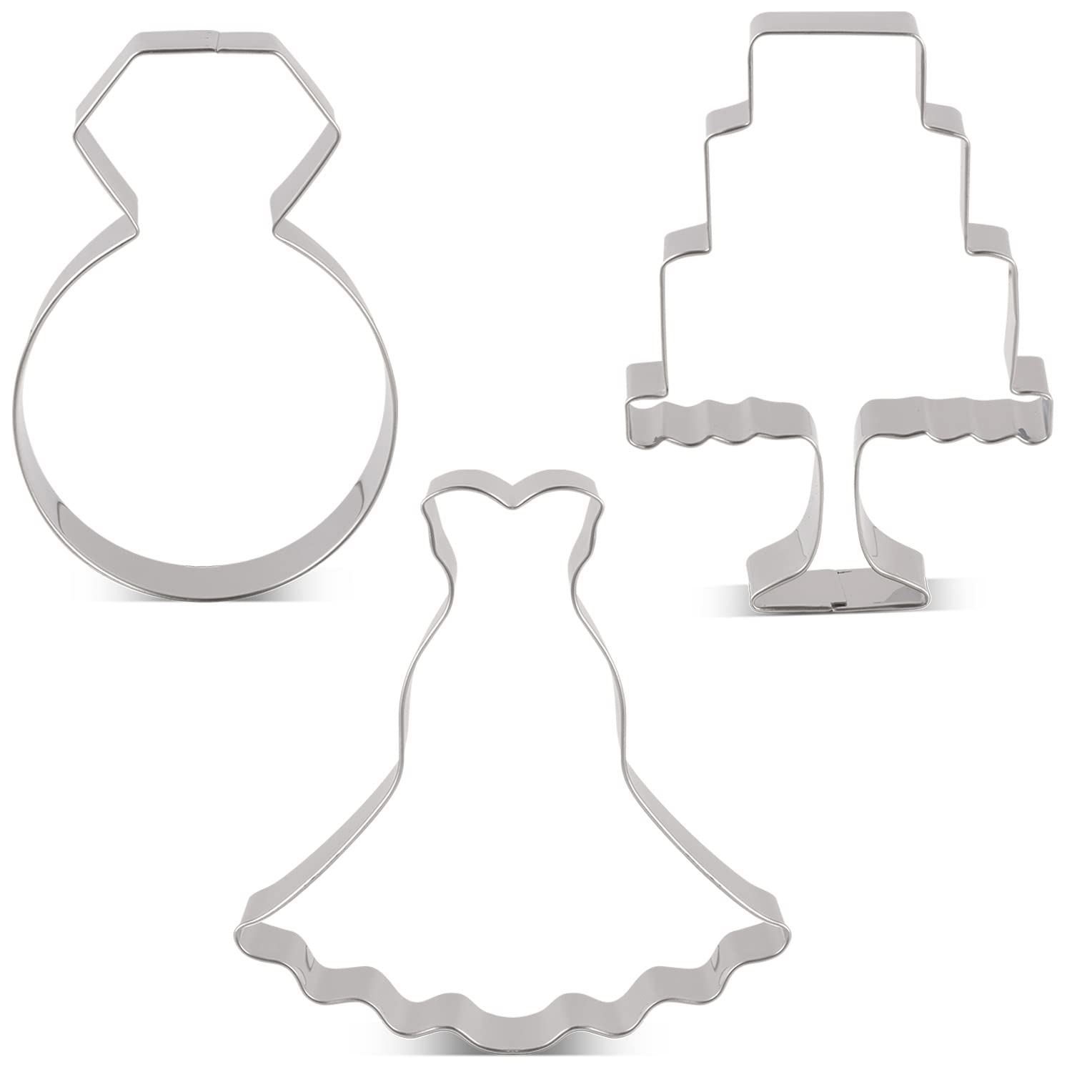 LILIAO Wedding Cookie Cutter Set Anniversary/Bridal/Engagement - 3 Piece - Diamond Ring, Wedding Dress and Cake Biscuit Cutters - Stainless Steel