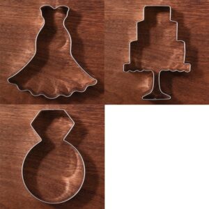 LILIAO Wedding Cookie Cutter Set Anniversary/Bridal/Engagement - 3 Piece - Diamond Ring, Wedding Dress and Cake Biscuit Cutters - Stainless Steel