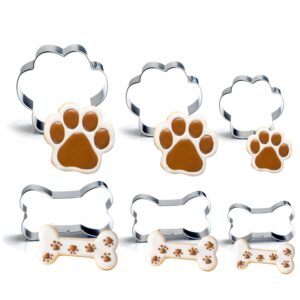 kaishane 6 pcs dog paw&bone cookie cutter set, stainless steel biscuit cutters for diy baking fondant cake molds dog treats, bones 3 size-2.6/2/1.6in, paw 3 sizes-3.2/2.4/1.6in