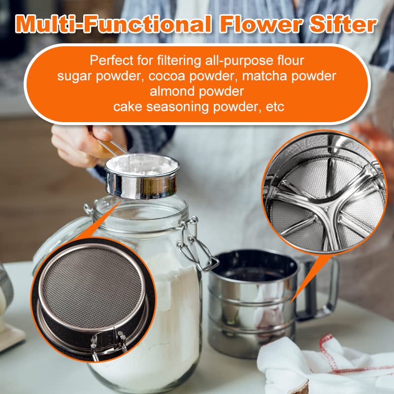 Flour Sifter, 3 Cup Sifter for baking, Stainless Steel Flour Sifter for Baking Cakes, Pastries, Pies, Cupcakes and Desserts, Powdered Sugar Shaker Duster, With Hand Press Design