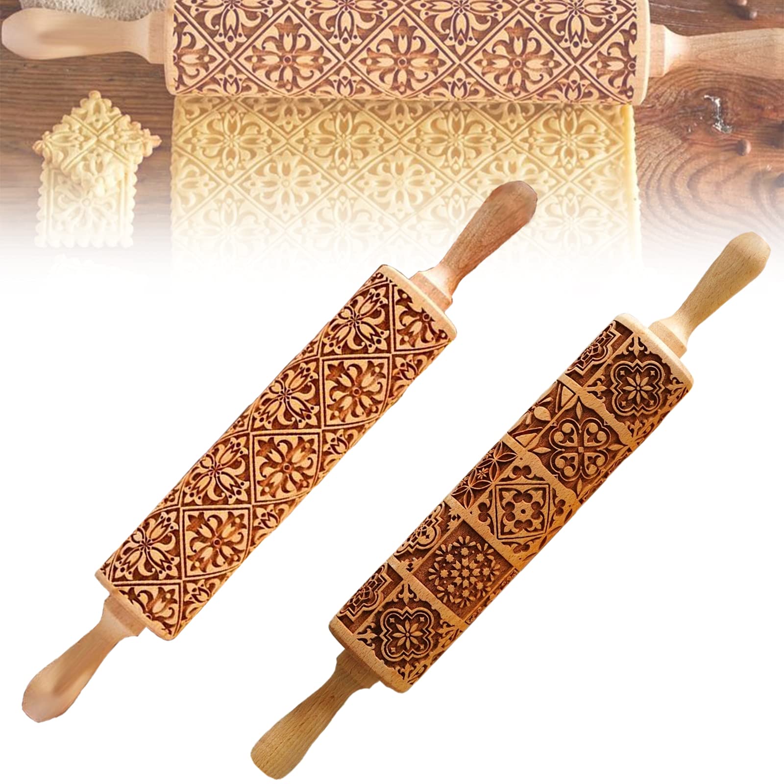 Wooden Embossed Rolling Pin for Baking Engraved Embossing Rolling Pin Cookie Stamps Roller Square Grid Cookies Mold Kitchen Decor Tools for Baking Embossed Cookies(2pc)