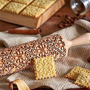 Wooden Embossed Rolling Pin for Baking Engraved Embossing Rolling Pin Cookie Stamps Roller Square Grid Cookies Mold Kitchen Decor Tools for Baking Embossed Cookies(2pc)