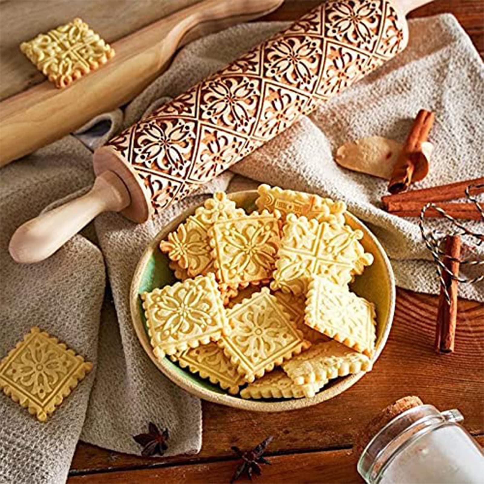 Wooden Embossed Rolling Pin for Baking Engraved Embossing Rolling Pin Cookie Stamps Roller Square Grid Cookies Mold Kitchen Decor Tools for Baking Embossed Cookies(2pc)