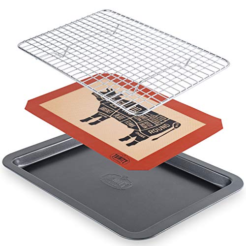 Trinity Provisions Meat Resting Pan - With Wire Rack and Silicone Baking Mat - Dishwasher and Oven Safe Stainless Steel, for Cooking and Cooling Steak, BBQ, Bacon, & More