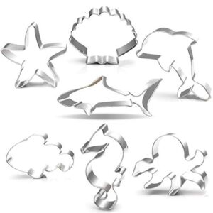 lubtosmn under the sea creatures cookie cutter set-3 inches-7 piece-shark, seastar, seashell, seahorse, whale, octopus, fish cookie cutters molds for kids birthday party supplies favors.