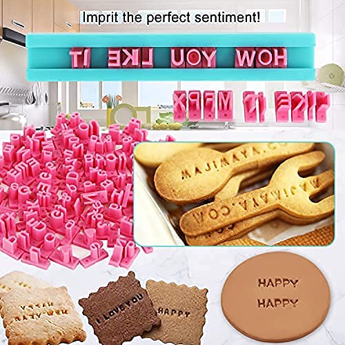 Cookie Biscuit Alphabet Stamps PATILWON 160 PCS Stamp with Lowercase Alphabet Number Letter for Cake Baking Clay DIY Embosser Mold, Family Communication Gift (Rose Red)