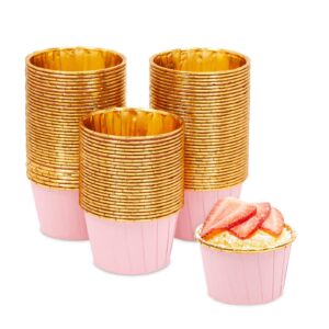 100-pack gold aluminum foil cupcake liners, 2.75x1.5-inch pink colored baking cups for muffins and baked desserts, small goodie containers for loose nuts and candies