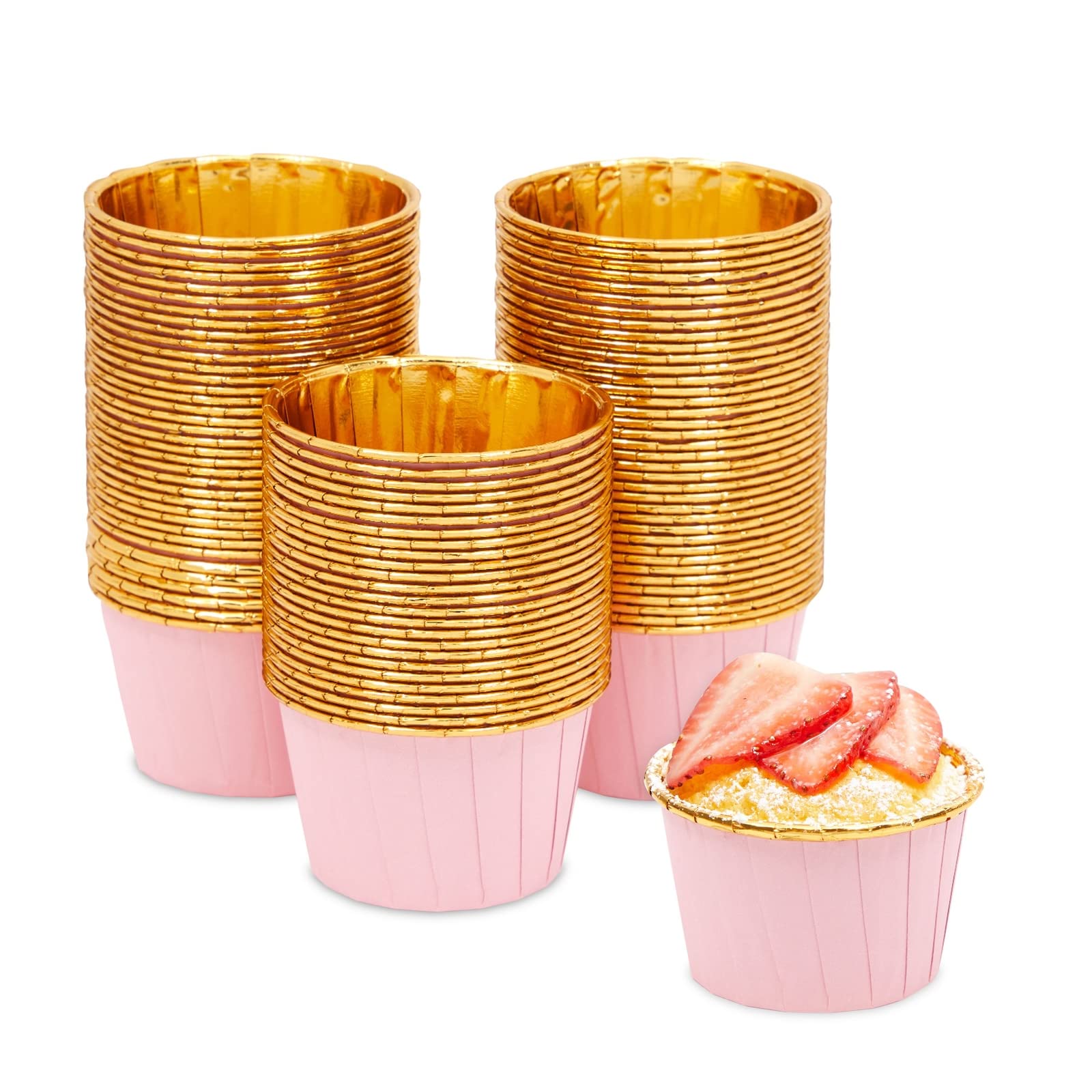 100-Pack Gold Aluminum Foil Cupcake Liners, 2.75x1.5-Inch Pink Colored Baking Cups for Muffins and Baked Desserts, Small Goodie Containers for Loose Nuts and Candies