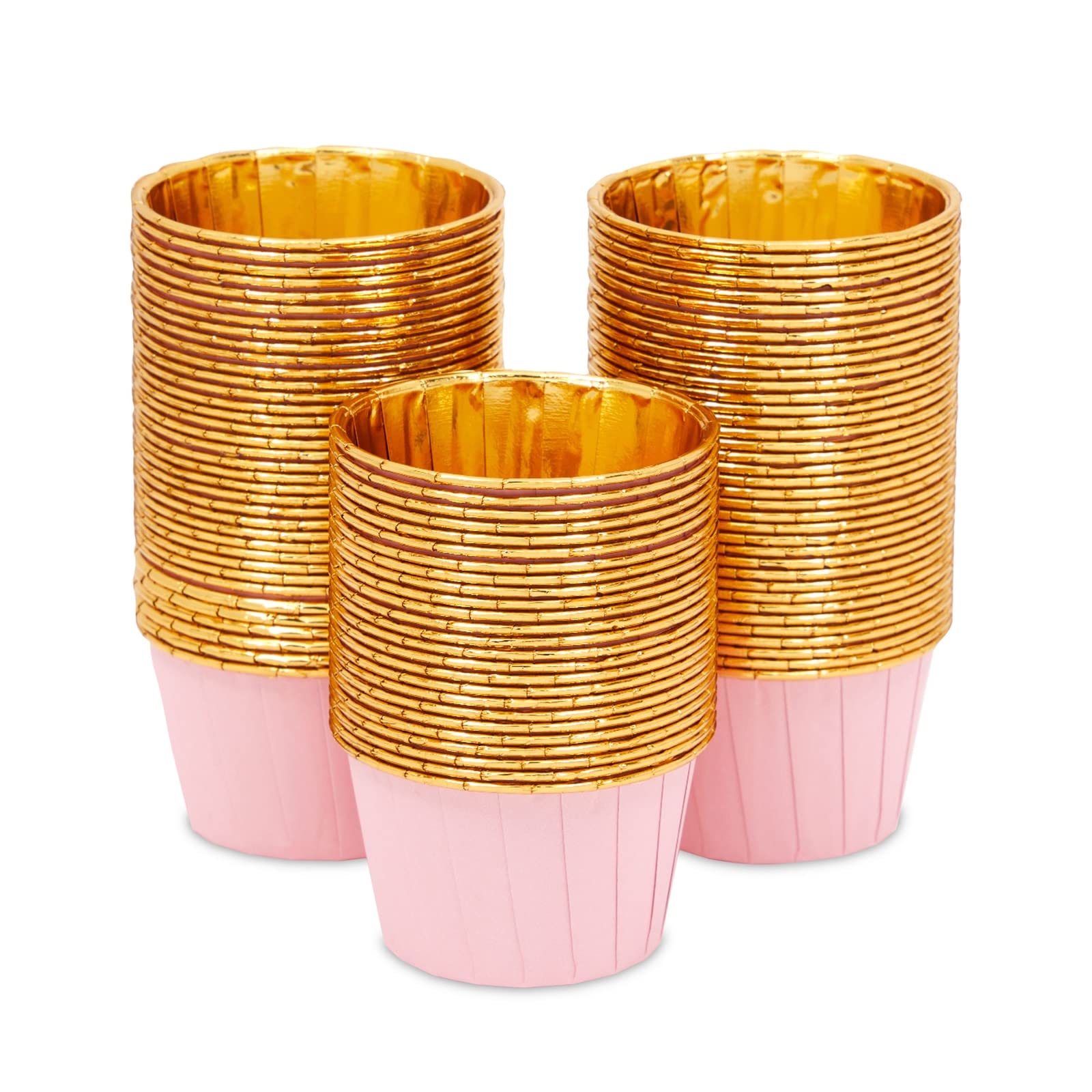 100-Pack Gold Aluminum Foil Cupcake Liners, 2.75x1.5-Inch Pink Colored Baking Cups for Muffins and Baked Desserts, Small Goodie Containers for Loose Nuts and Candies