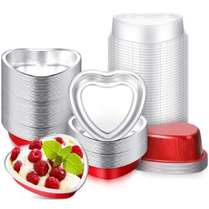 yinkin 50 set 9 oz valentine's day heart shaped cake pans 5.4 inch heart aluminum foil cupcake pans with lids disposable dessert baking cups pans for valentine wedding birthday muffin pie(red)