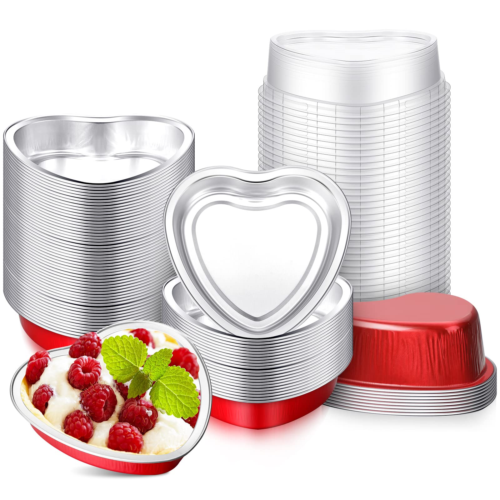 Yinkin 50 Set 9 oz Valentine's Day Heart Shaped Cake Pans 5.4 Inch Heart Aluminum Foil Cupcake Pans with Lids Disposable Dessert Baking Cups Pans for Valentine Wedding Birthday Muffin Pie(Red)