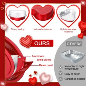 Yinkin 50 Set 9 oz Valentine's Day Heart Shaped Cake Pans 5.4 Inch Heart Aluminum Foil Cupcake Pans with Lids Disposable Dessert Baking Cups Pans for Valentine Wedding Birthday Muffin Pie(Red)