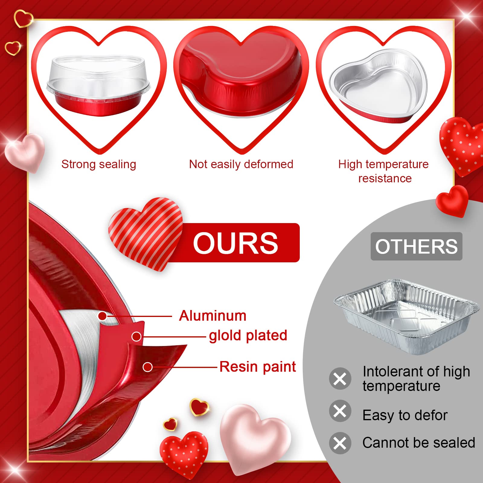 Yinkin 50 Set 9 oz Valentine's Day Heart Shaped Cake Pans 5.4 Inch Heart Aluminum Foil Cupcake Pans with Lids Disposable Dessert Baking Cups Pans for Valentine Wedding Birthday Muffin Pie(Red)