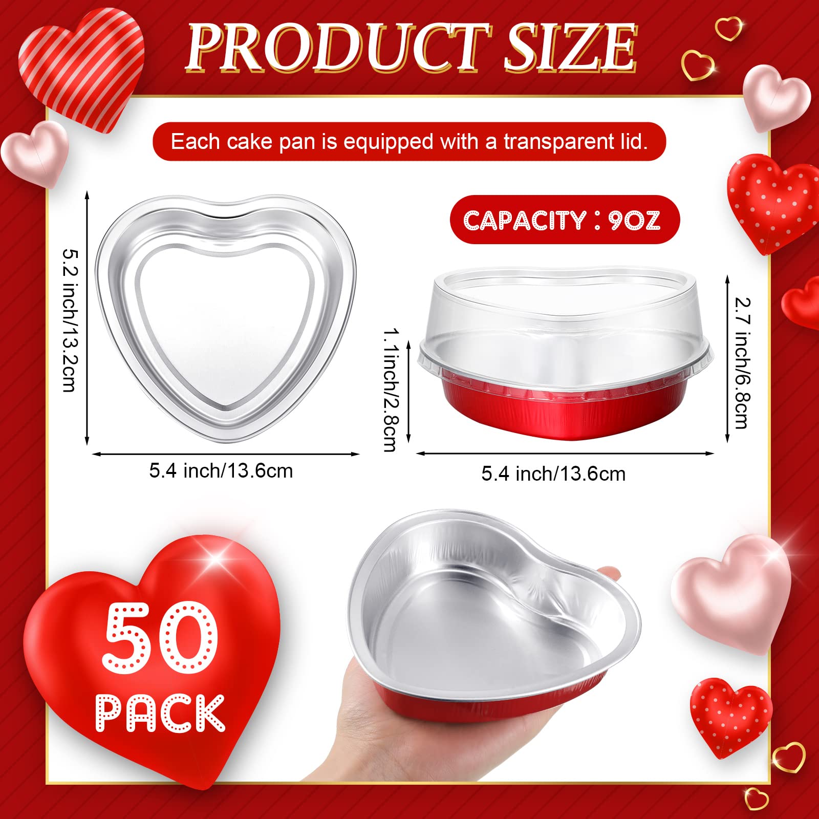 Yinkin 50 Set 9 oz Valentine's Day Heart Shaped Cake Pans 5.4 Inch Heart Aluminum Foil Cupcake Pans with Lids Disposable Dessert Baking Cups Pans for Valentine Wedding Birthday Muffin Pie(Red)