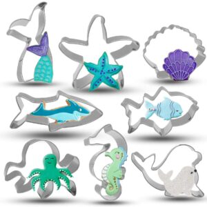 Bonropin Under The Sea Creatures Cookie Cutter Set - 8 Piece Stainless Steel Cutters Molds Cutters for Making Shark, Mermaid Tail, Seahorse, Starfish, Seashell, Octopus, Clownfish, Seal