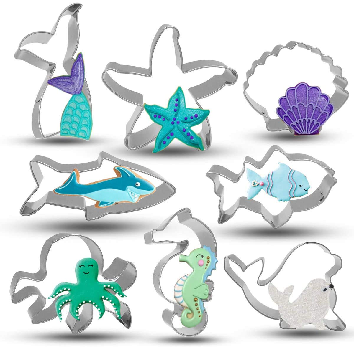 Bonropin Under The Sea Creatures Cookie Cutter Set - 8 Piece Stainless Steel Cutters Molds Cutters for Making Shark, Mermaid Tail, Seahorse, Starfish, Seashell, Octopus, Clownfish, Seal