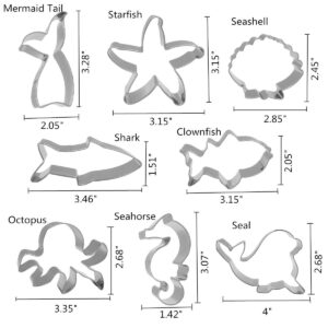 Bonropin Under The Sea Creatures Cookie Cutter Set - 8 Piece Stainless Steel Cutters Molds Cutters for Making Shark, Mermaid Tail, Seahorse, Starfish, Seashell, Octopus, Clownfish, Seal