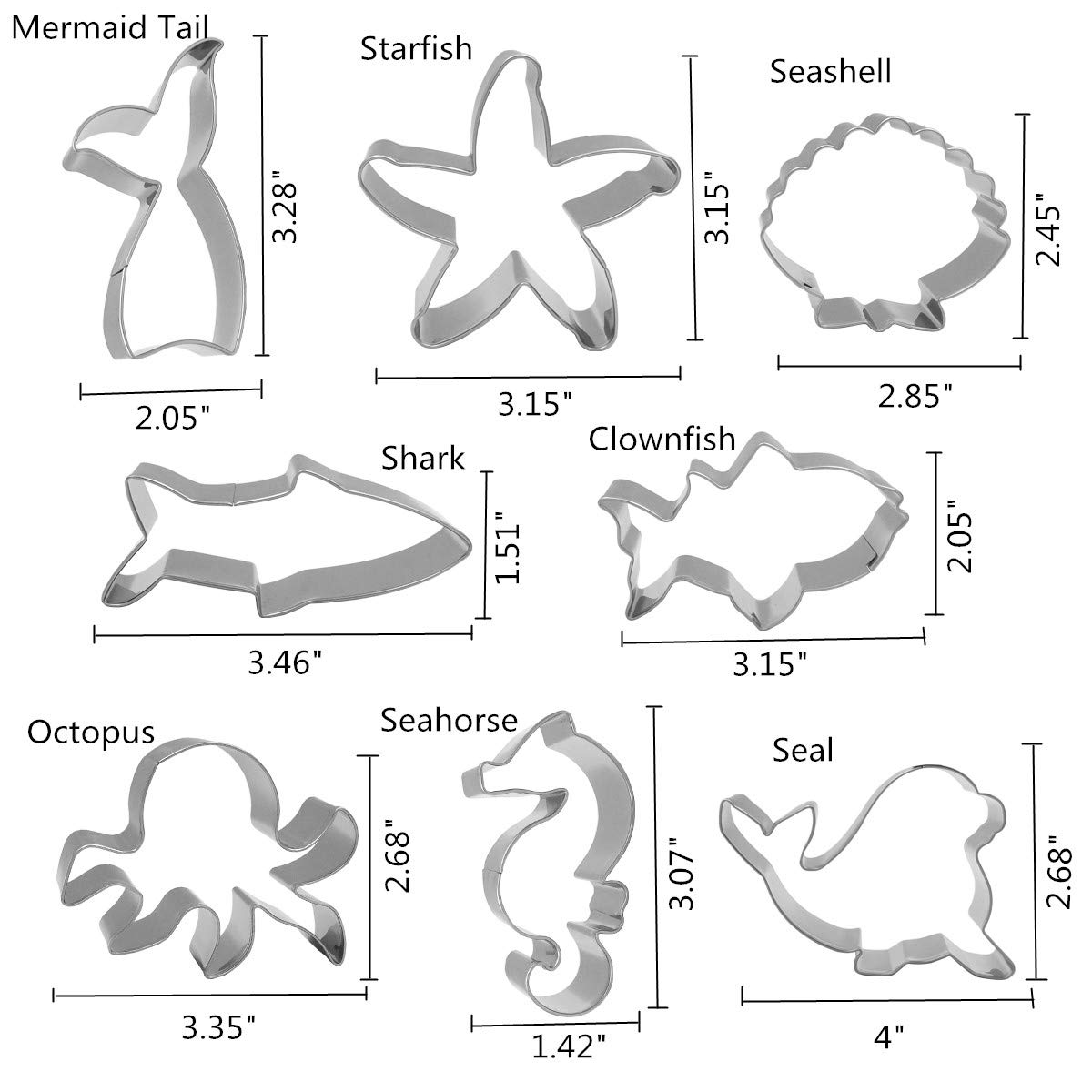 Bonropin Under The Sea Creatures Cookie Cutter Set - 8 Piece Stainless Steel Cutters Molds Cutters for Making Shark, Mermaid Tail, Seahorse, Starfish, Seashell, Octopus, Clownfish, Seal