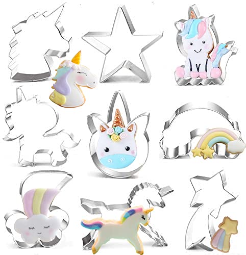 Cookie Cutters 9-Piece Fantasy Unicorn Cookie Cutter Set with Unicorn Head, Unicorn, and Rainbow,Shooting Star,Star Biscuit Cutters Set for Kids Holiday Wedding Birthday Party Supplies Favors