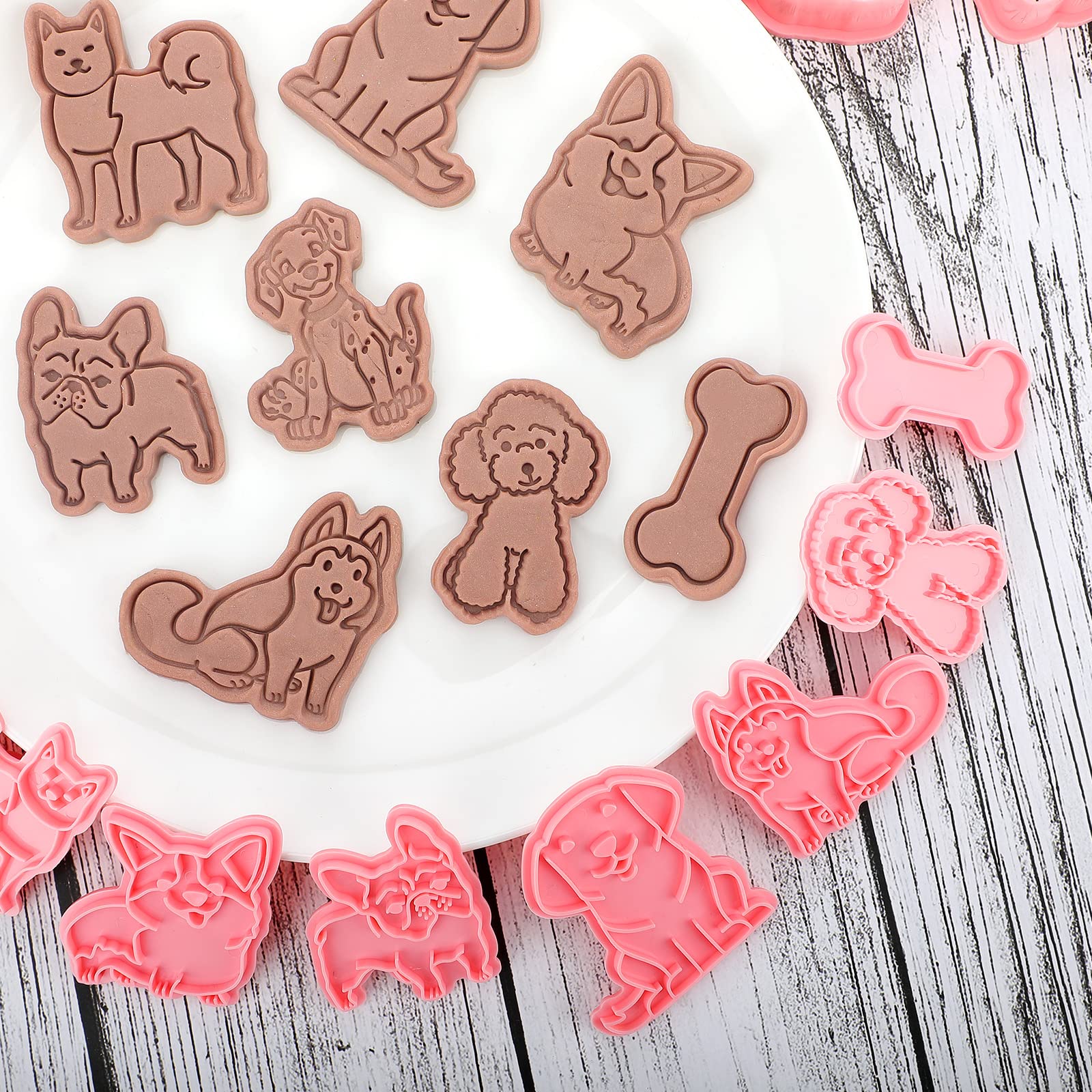 8 Pcs Dog Cookie Cutters with Plunger Stamps Set 3D Puppy Bone Shape Biscuit Cutter Funny Cartoon Cookie Stamps Stamped Embossed Dog Cookie Cutters for Treats DIY Cookie Baking Supplies (Vivid Style)