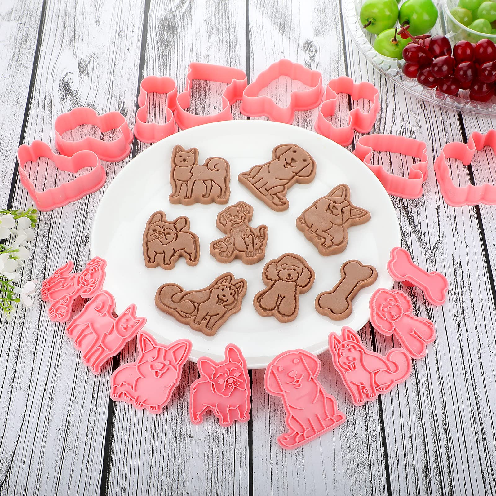 8 Pcs Dog Cookie Cutters with Plunger Stamps Set 3D Puppy Bone Shape Biscuit Cutter Funny Cartoon Cookie Stamps Stamped Embossed Dog Cookie Cutters for Treats DIY Cookie Baking Supplies (Vivid Style)