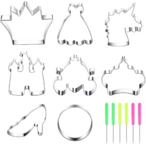8 pieces princess cookie cutter set with crown, dress, castles, unicorn head shapes stainless steel fondant biscuit cutters and 6 pieces sugar stirring pins