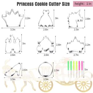 8 Pieces Princess Cookie Cutter Set with Crown, Dress, Castles, Unicorn Head Shapes Stainless Steel Fondant Biscuit Cutters and 6 Pieces Sugar Stirring Pins