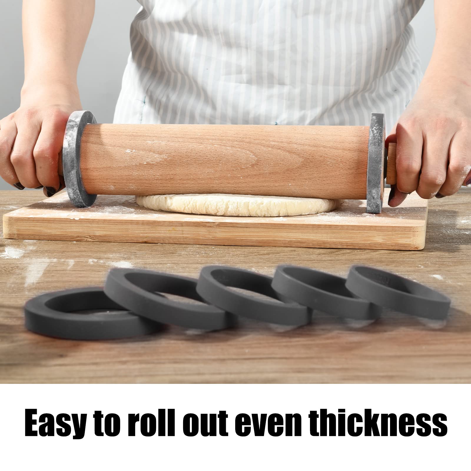 Silicone Rolling Pin Rings for Dough Thickness (10 Pieces Set), Silicon Guide Rings for Rolling Pin, Flexible Adjustable Thickness Spacer Bands Fit 2.2-2.44 Inch(56-62MM) Wide Roller by Foepoge(Gray)