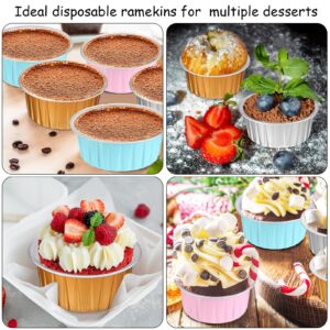 150 Pcs Cupcake Liners with Lids 5 oz Aluminum Foil Cupcake Baking Cups Disposable Ramekins Muffin Cups Mini Aluminum Pans with Lids Cupcake Holder for Creme Brulee or Cupcake(Gold Silver Pink Blue)