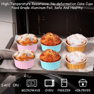 150 Pcs Cupcake Liners with Lids 5 oz Aluminum Foil Cupcake Baking Cups Disposable Ramekins Muffin Cups Mini Aluminum Pans with Lids Cupcake Holder for Creme Brulee or Cupcake(Gold Silver Pink Blue)