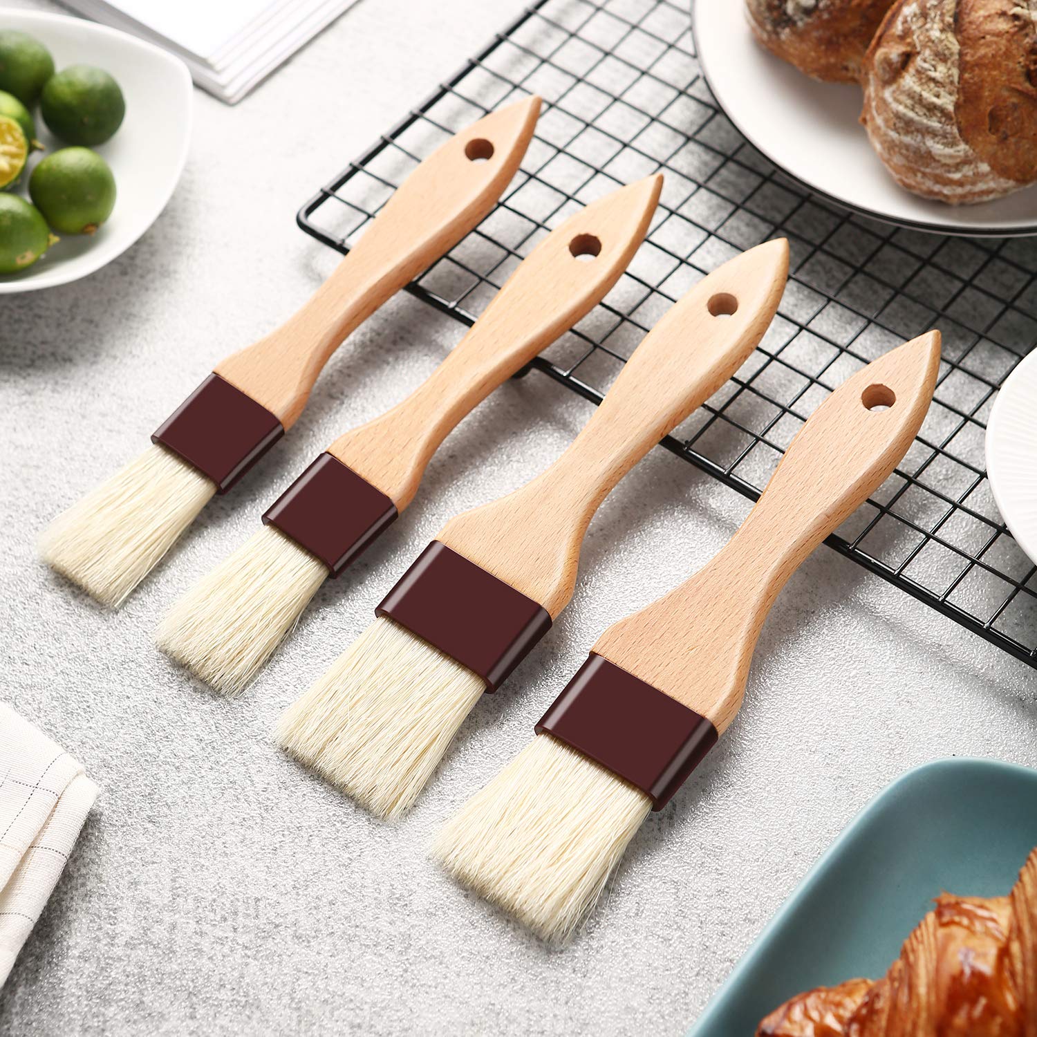 1 inch & 1.5 inch Pastry Brush Natural Boar Bristle Basting Brush Kitchen Oil Brush with Beech Wooden Handle and Hanging Rope String Grill BBQ Sauce Baster Baking Cooking Marinade Brushes (Pack of 2)