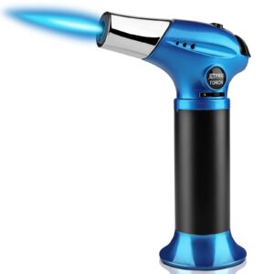 jetpro butane torch, kitchen torch lighter, cooking refillable torch with adjustable flame and safety lock for desserts, bbq, kitchen (butane gas not included) (blue)
