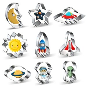 space cookie cutters shapes set 9-piece crescent moon, star, spaceship & ufo, sun, rocket, space shuttle, planet & saturn, astronaut, alien astronomy cookie cutter baking mold for kids first birthday