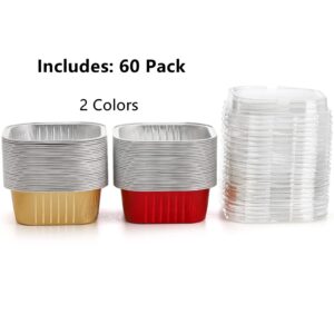 ZEAYEA 60 Pcs 10 oz Aluminum Foil Baking Cups with Lids, Disposable Foil Ramekins Cupcake Containers, Cupcake Muffin Liners Cups for Wedding Christmas Birthday Party