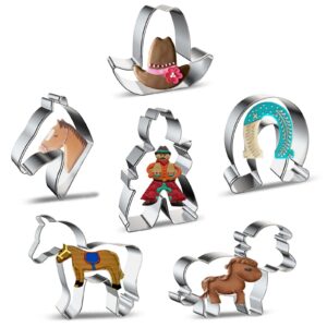 horse cowboy cookie cutters shapes baking set, 6 pieces stainless steel metal mold with horse, pony, horse head, horseshoe, cowboy, cowboy hat cookie cutter for biscuit pastry fondant gingerbread cake