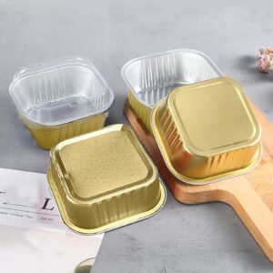 50 Pcs Aluminum Foil Mini Square Baking Cups with Lids,5oz Disposable Ramekins Cake Pans,Cupcake Baking Cups Containers for Bread Muffin Brownie Cheesecake,Gold