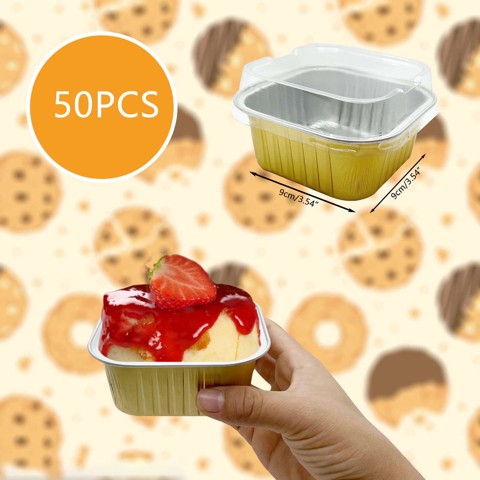 50 Pcs Aluminum Foil Mini Square Baking Cups with Lids,5oz Disposable Ramekins Cake Pans,Cupcake Baking Cups Containers for Bread Muffin Brownie Cheesecake,Gold